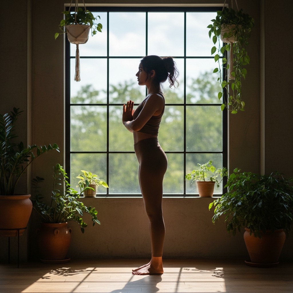 Een vrouw in sportkleding staat in een kamer vol planten voor een groot raam met haar handen in een gebedshouding.